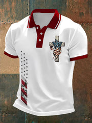 Polo décontracté pour homme avec motif drapeau américain et croix de foi