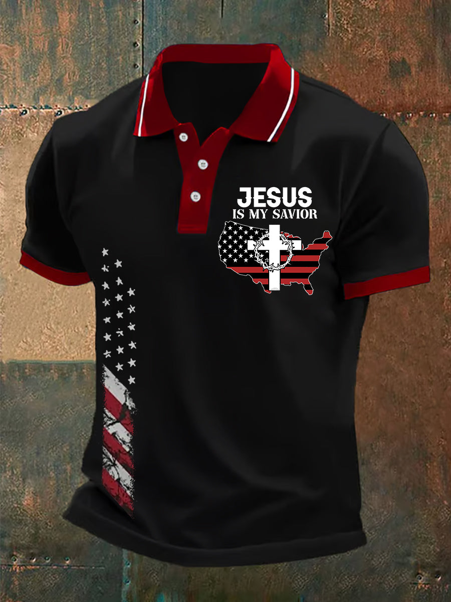 Herren Poloshirt mit amerikanischer Flagge und Kreuz, Glaube, lässig