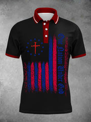 Polo à manches courtes pour femme avec imprimé drapeau et croix « One Nation Under God »