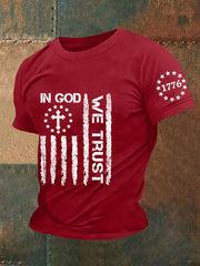 T-shirt à manches courtes pour homme avec imprimé drapeau et croix de foi « In God We Trust »