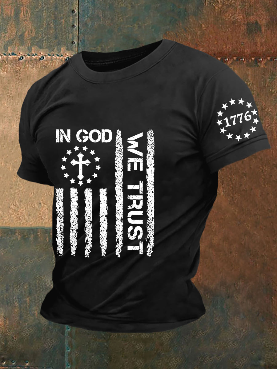 T-shirt à manches courtes pour homme avec imprimé drapeau et croix de foi « In God We Trust »