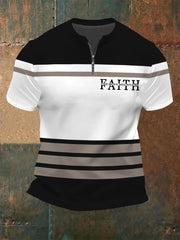 Men's Faith Can Move Mountains Stripes Print Casual Zip Tee