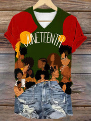 Women's Celebrate Juneteenth Together Print V-Neck T-Shirt