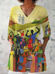 Women's Black Juneteenth Independence And Freedom Printed Seven-quarter Sleeve Cotton Top