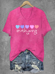 Women's Mahjong Print V-Neck T-Shirt