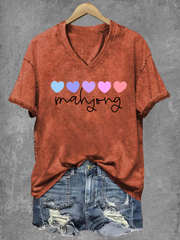 Women's Mahjong Print V-Neck T-Shirt