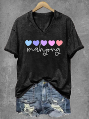 Women's Mahjong Print V-Neck T-Shirt