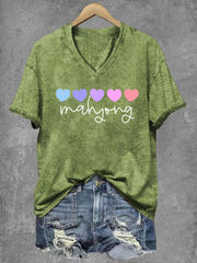 Women's Mahjong Print V-Neck T-Shirt