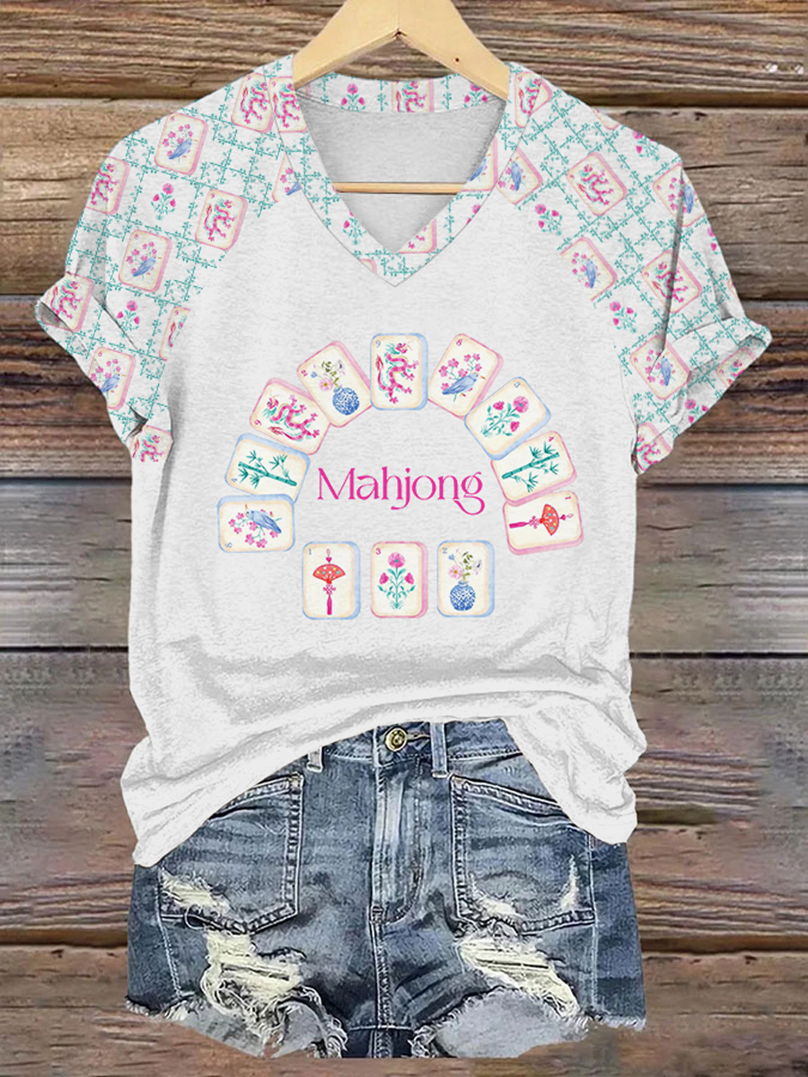 Women's Mahjong Print V-Neck T-Shirt