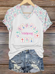 Women's Mahjong Print V-Neck T-Shirt