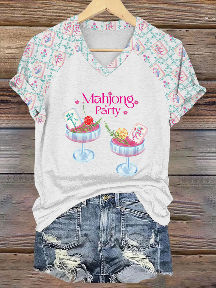 Women's Mahjong Print V-Neck T-Shirt