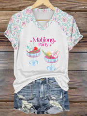 Women's Mahjong Print V-Neck T-Shirt
