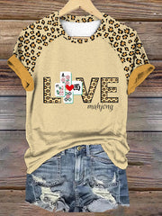 Women's leopard print love mahjong casual T-shirt