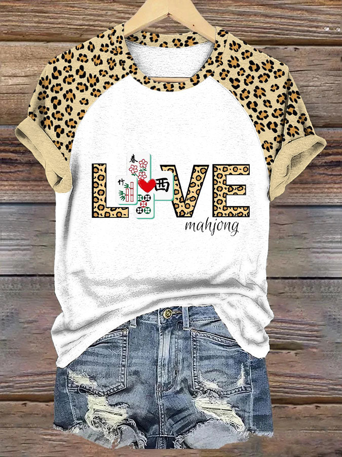 Women's leopard print love mahjong casual T-shirt