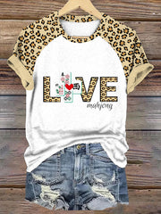 Women's leopard print love mahjong casual T-shirt