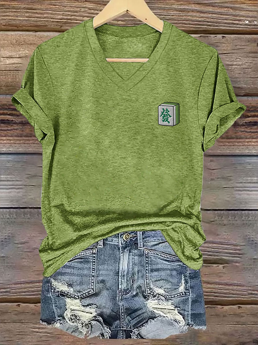 Women's Mahjong 'Fa' V-neck T-shirt