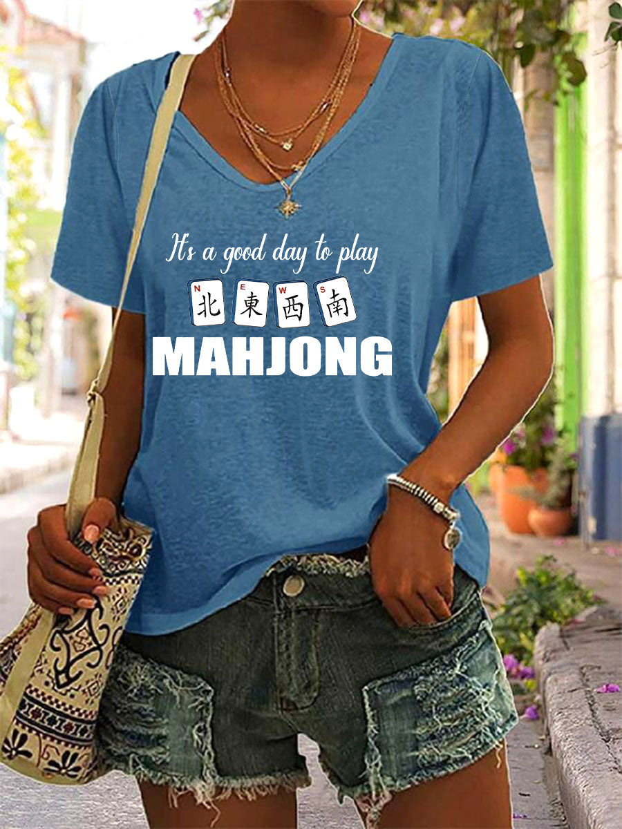 Women's Mahjong Print V-Neck T-Shirt