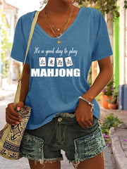 Women's Mahjong Print V-Neck T-Shirt