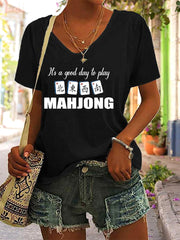 Women's Mahjong Print V-Neck T-Shirt