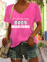 Women's Mahjong Print V-Neck T-Shirt