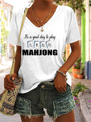 Women's Mahjong Print V-Neck T-Shirt