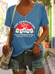 Women's Mahjong Print V-Neck T-Shirt