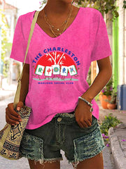 Women's Mahjong Print V-Neck T-Shirt