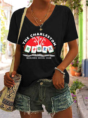Women's Mahjong Print V-Neck T-Shirt