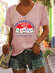 Women's Mahjong Print V-Neck T-Shirt