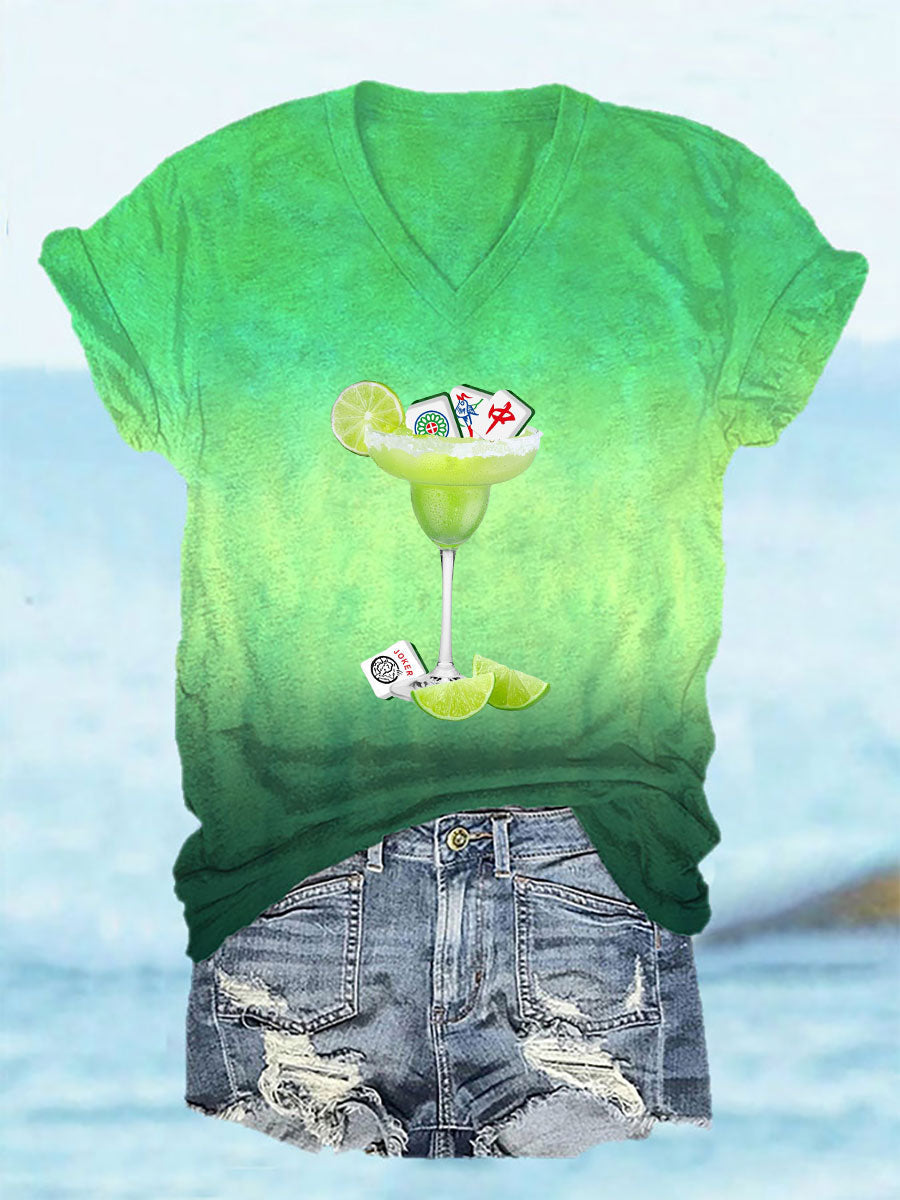 Women's Funny Mahjong Print V-Neck T-Shirt