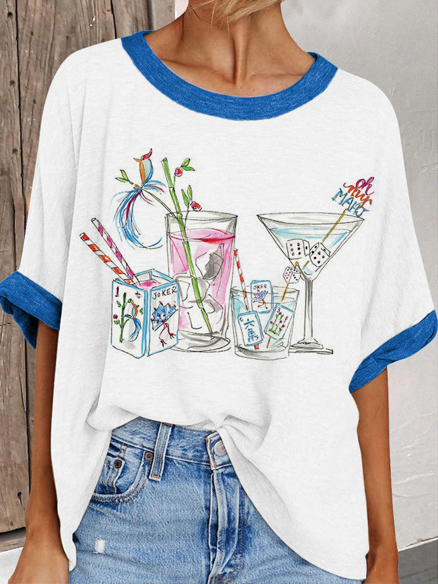 Women's cocktail and mahjong print casual t-shirt