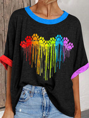 Women's Rainbow Heart Animal Footprint T-shirt