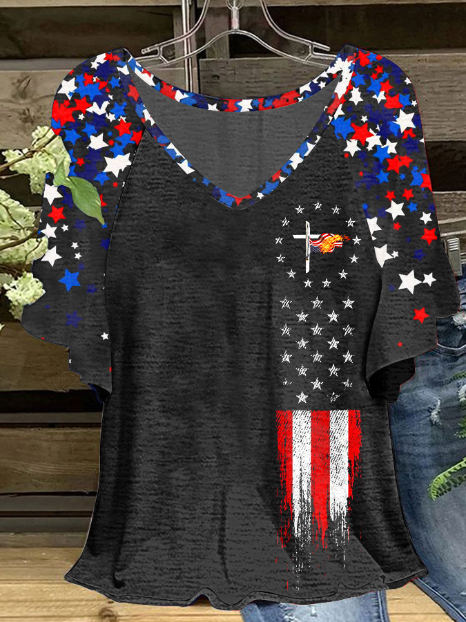 Women's America Flag Cross Hang Shot Short Sleeve T-Shirt