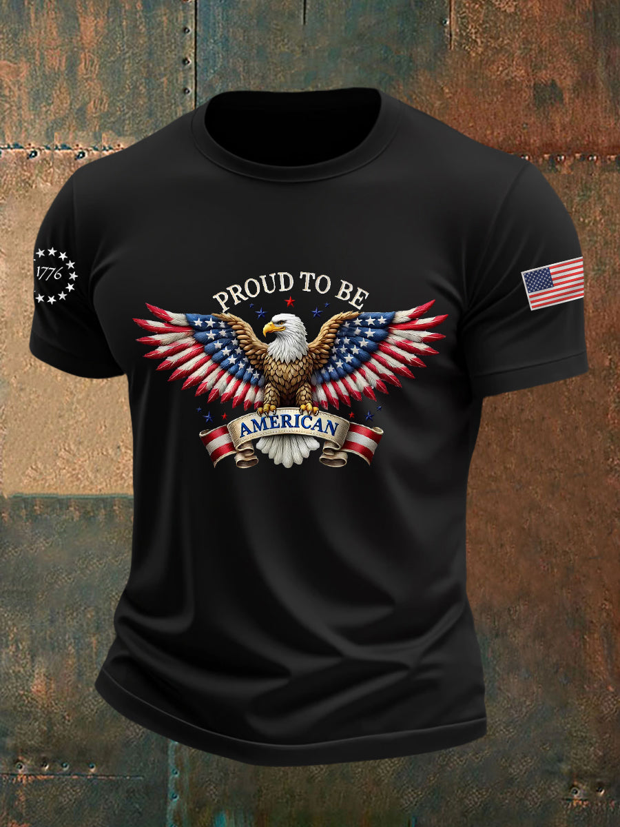 Men's Proud to Be American Bald Eagle American Flag Print  Independence Day Casual Tee