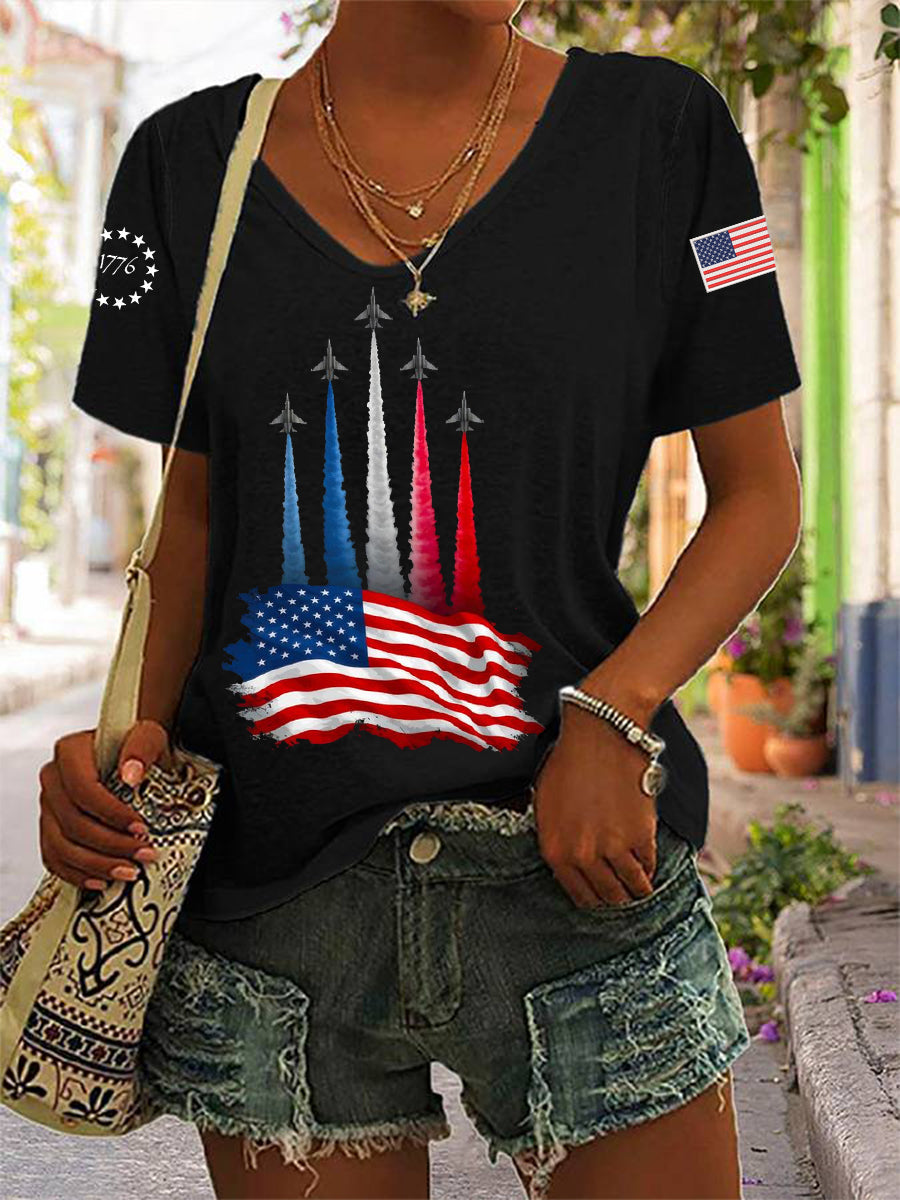 Women's Independence Day American Flag Jet Planes Print Casual V-Neck Tee