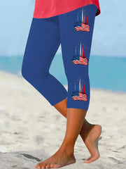 Women's Independence Day American Flag Jet Planes Print Casual Cropped Leggings