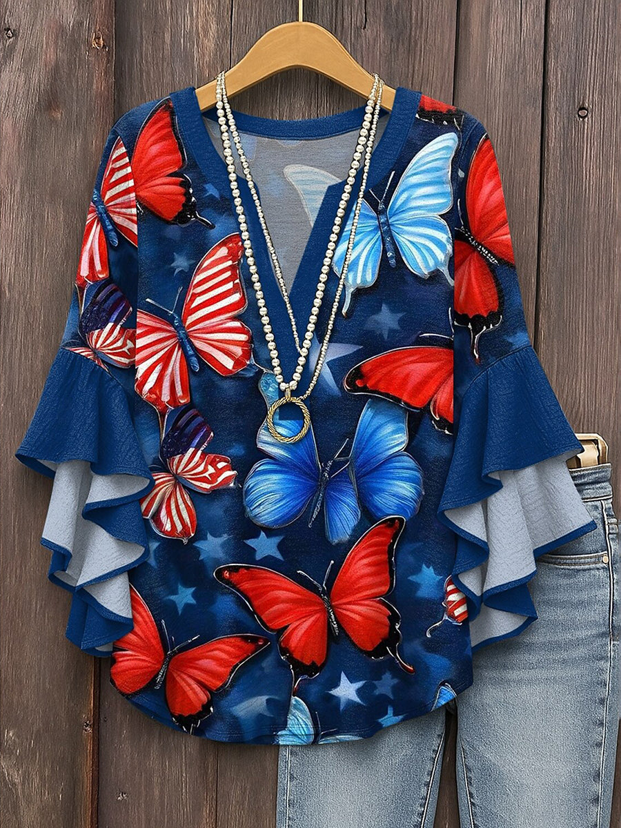 Women's American Flag Butterfly Print Casual T-Shirt