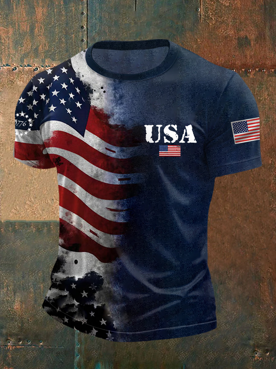 Men's Independence Day USA Flag Print Casual Tee