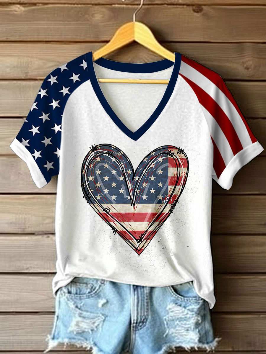 Women's Independence Day Flag Love V-neck Off-shoulder Short-sleeved T-shirt