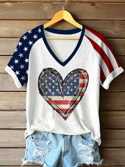 Women's Independence Day Flag Love V-neck Off-shoulder Short-sleeved T-shirt