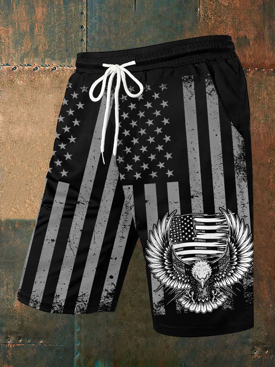 Men's Independence Day USA Flag Bald Eagle Print Casual Shorts