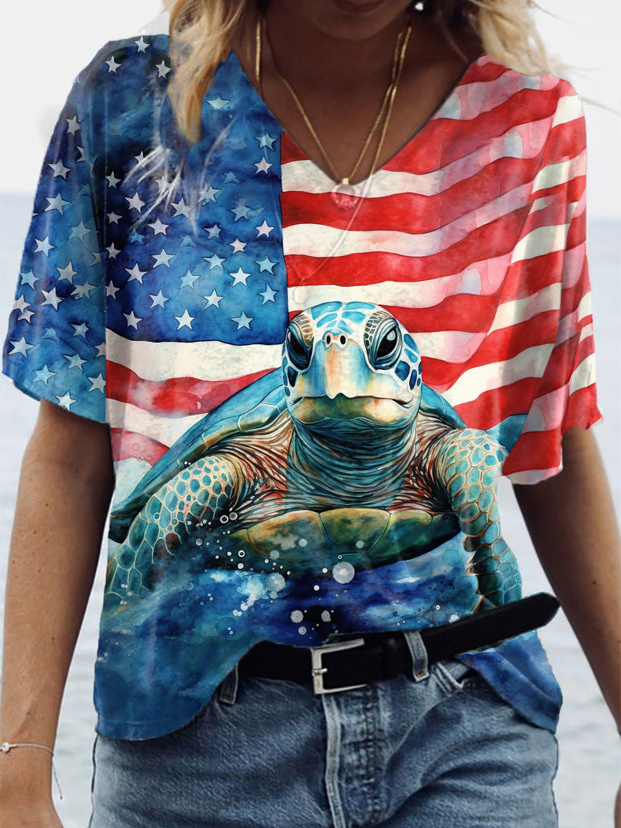 Women's USA Flag Sea Turtle Print Short Sleeve Shirt