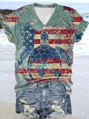Women's USA Flag Sea Turtle Print Short Sleeve Shirt