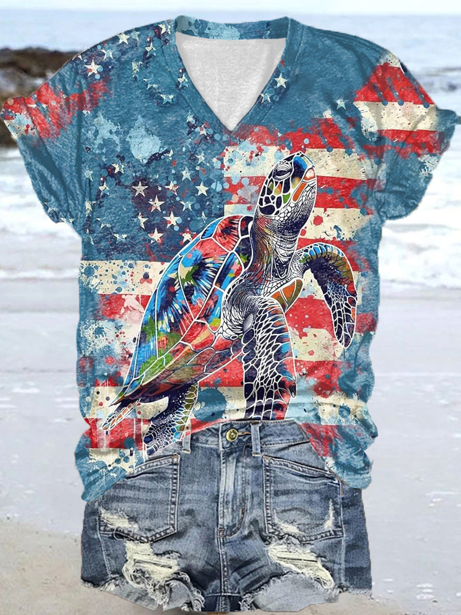 Women's USA Flag Sea Turtle Print Short Sleeve Shirt