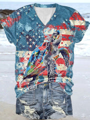 Women's USA Flag Sea Turtle Print Short Sleeve Shirt