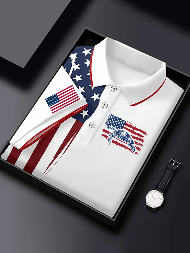 Men's USA Flag Sea Turtle Print Short Sleeve Shirt