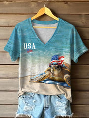 Women's USA Flag Sea Turtle Print Short Sleeve Shirt