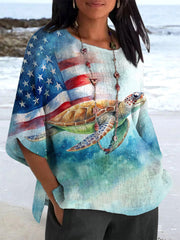 Women's USA Flag Sea Turtle Print Short Sleeve Linen Shirt
