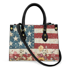 Women's American Flag Floral Leather Tote Shoulder Bag