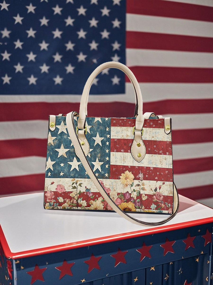 Women's American Flag Floral Leather Tote Shoulder Bag